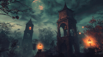 Eerie landscape featuring gothic architecture, dark trees, and full moon illuminating haunted scene with bats flying