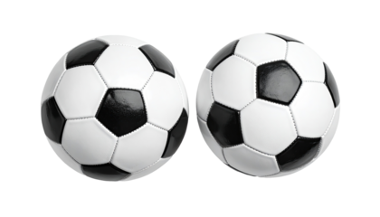 Two soccer balls side-by-side, black and white panels,  symmetrical