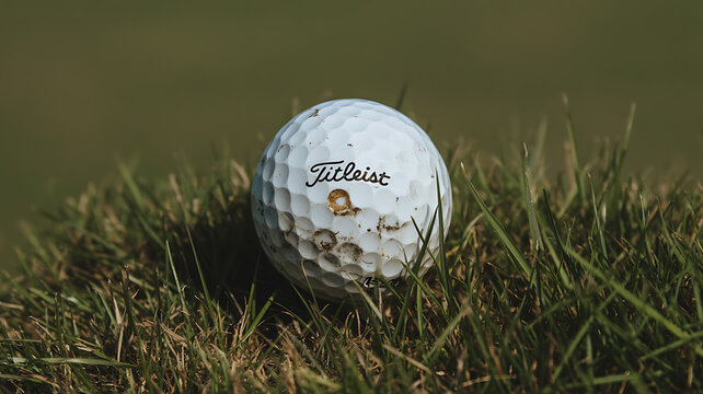 Close up of a titleist golf ball sitting on the green grass of a golf course on a sunny day outside golf