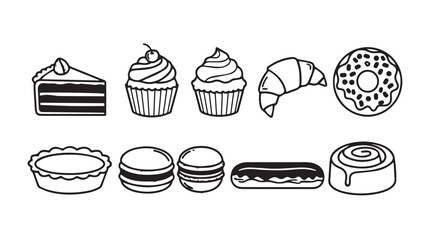 Collection of delicious baked goods and desserts in a simple line drawing silhouette style