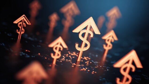 Golden dollar signs with up arrows on dark surface