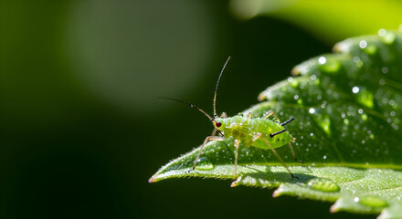 Macro photograph showcasing a vibrant green aphid perched on a dew-kissed leaf in nature
