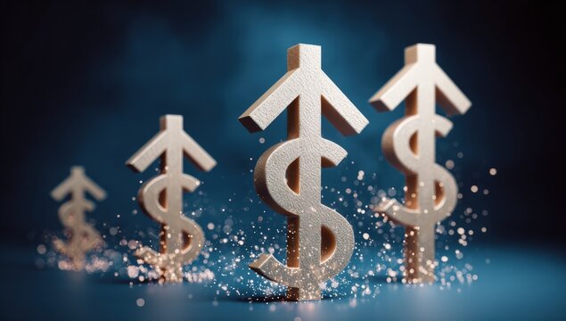 Gold dollar signs rising on a dark blue surface