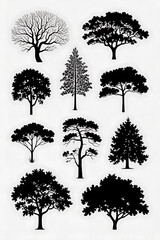 Fototapeta premium Silhouettes of various trees, diverse shapes and sizes. 