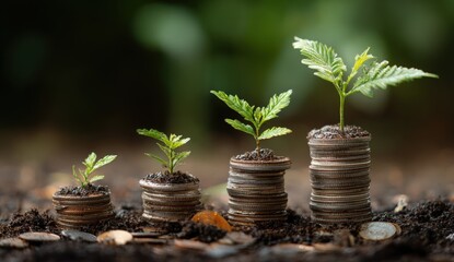 Small plants growing from stacks of coins in soil