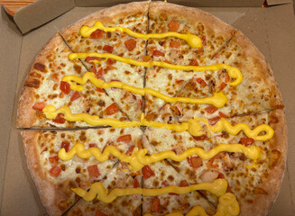 Pizza with cheese sauce close up. Italian cheesy margherita macro photo