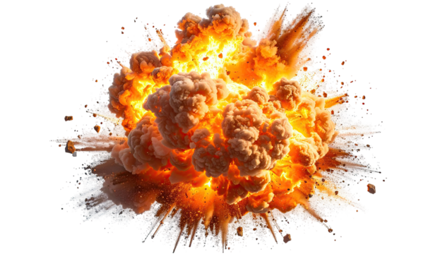 Powerful explosion, with bright orange flames and billowing smoke, radiating outwards from a central point