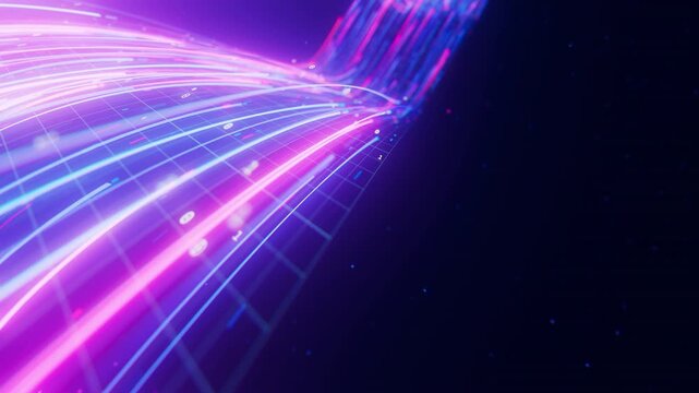 Closeup of Big data light speed warped flow. Abstract digital data stream of quantum computing. Cyberspace of qubit trail waves. Modern tech information transmission. - Powered by Adobe