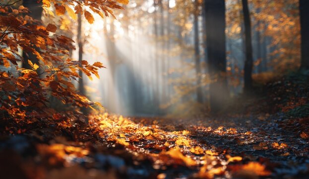 Autumn sunlight streams through a misty forest