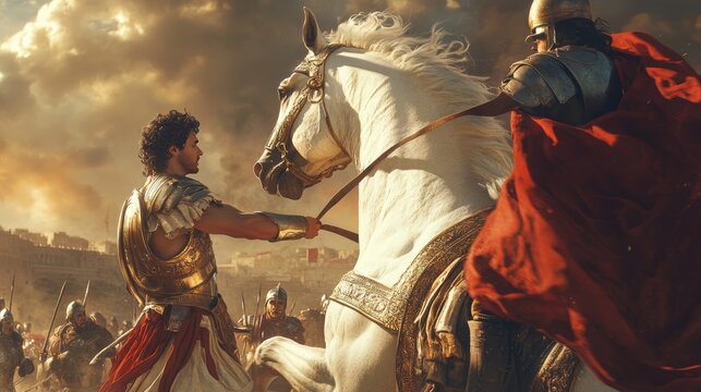 A cinematic moment of Alexander the Great taming Bucephalus, ancient Greek setting, intense focus, photorealistic detail