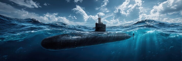 Submarine navigating through choppy ocean waters