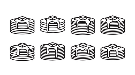 Collection of eight delicious pancake stacks with butter and syrup silhouette