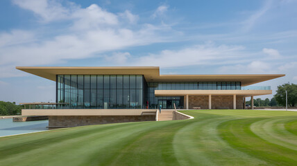 Modern golf clubhouse architecture with glass windows and manicured lawn on a sunny day golf