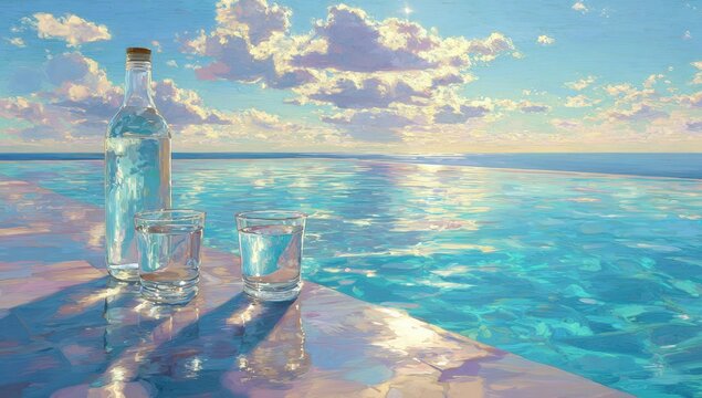 Serene poolside view at sunset