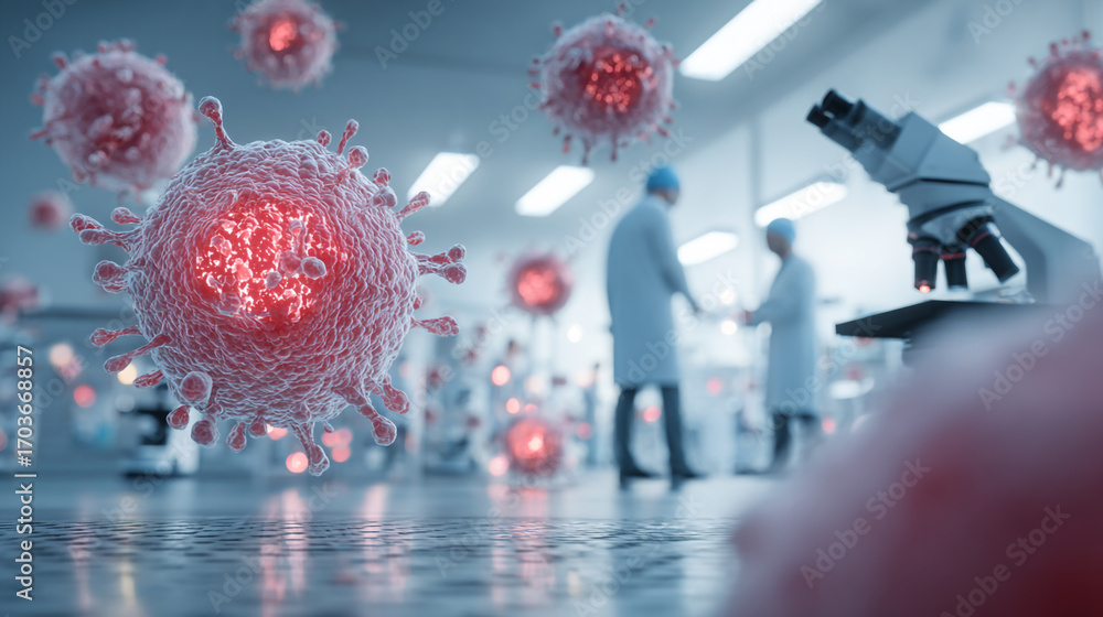 Aufkleber Virus research in a modern lab scientists working with a microscope studying pathogens