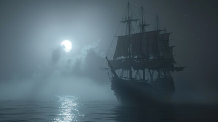 Majestic ship sails through foggy night, illuminated by full moon, creating mysterious and enchanting atmosphere