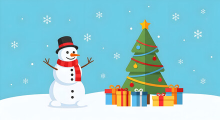 Festive winter scene featuring a cheerful snowman and a decorated Christmas tree
