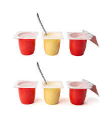 Three yogurt cup isolated, pink and yellow fruit yoghurt in plastic pot, milk pudding containers