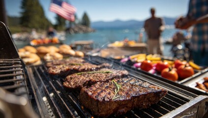 Grilling steaks by a lake