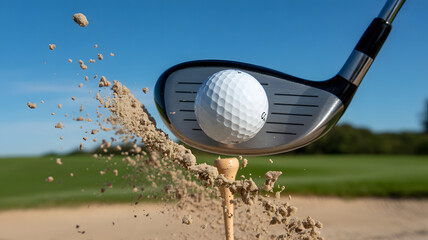 Golf club hitting a golf ball off a tee with sand spraying in the air on a sunny day golf