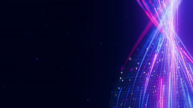 Closeup of Big data light speed warped flow. Abstract digital data stream of quantum computing. Cyberspace of qubit trail waves. Modern tech information transmission.