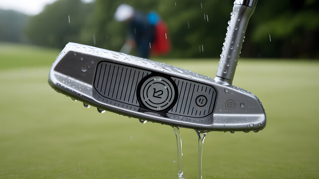 Closeup of a modern golf putter on a rainy day, showcasing the clubs design and the golfer in the background golf