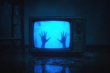 Old TV, ghostly hands, eerie blue light