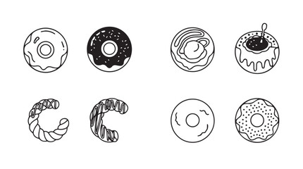 Collection of eight hand drawn donut illustrations in a simple black and white silhouette style