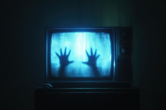 A vintage TV glows, hands reach out