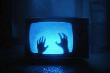Vintage TV, ghostly hands, eerie blue light