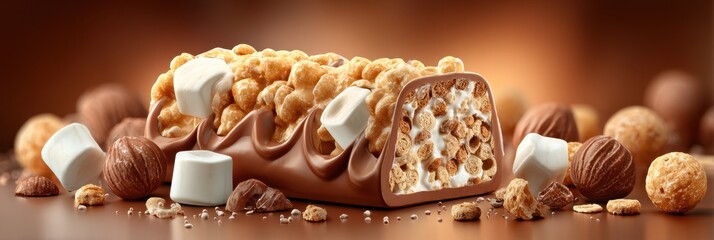 Delicious chocolate bar with crisp rice and marshmallow pieces on a wooden surface