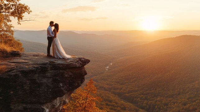 An elopement in the mountains, couple kissing on a cliff, breathtaking scenic background 