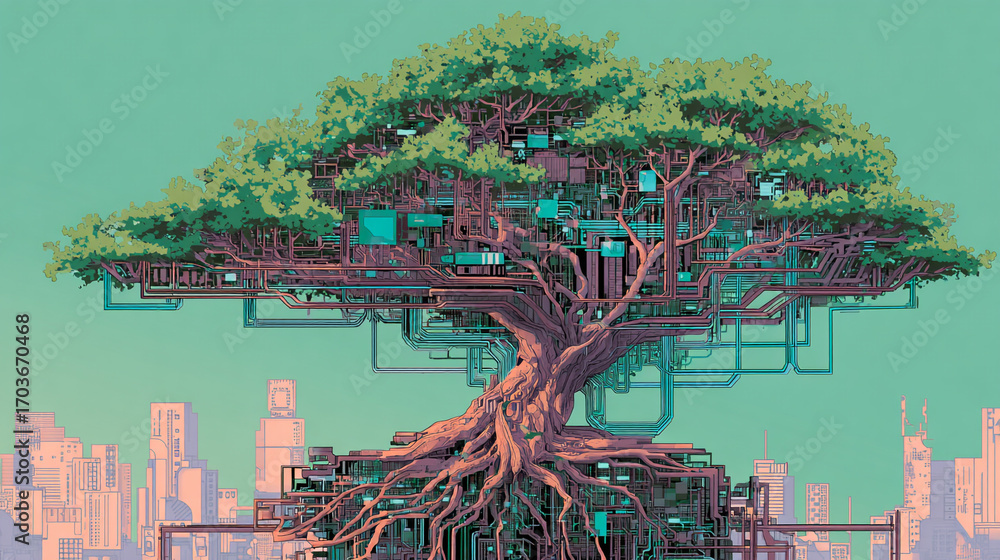 Poster a giant tree with intricate circuitry integrated into its branches and roots stands above a futurist