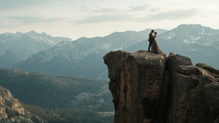 An elopement in the mountains, couple kissing on a cliff, breathtaking scenic background 