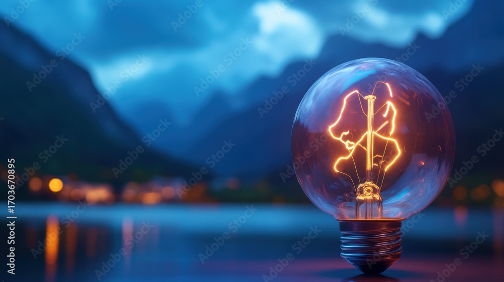 Poster lightning surges into a glowing light bulb, creating a dynamic symbol of new energy and thought