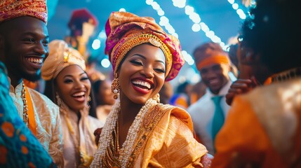 A multicultural wedding celebration with traditional attire, joyful guests, vibrant ambiance 