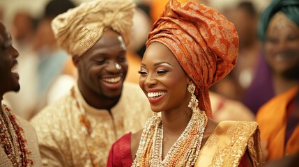 A multicultural wedding celebration with traditional attire, joyful guests, vibrant ambiance 