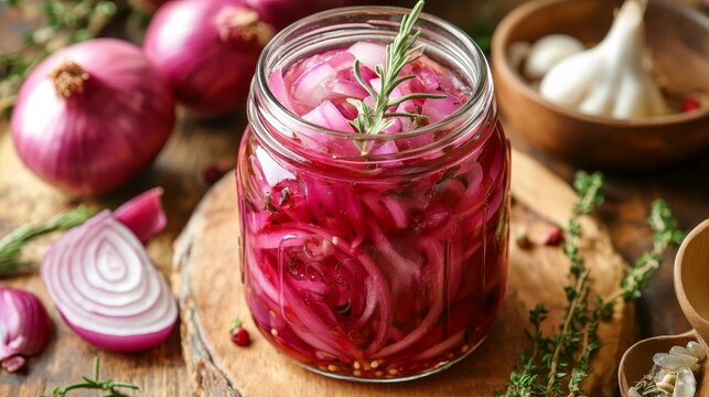 Homemade pickled red onions with fresh herbs in a mason jar for flavorful dishes