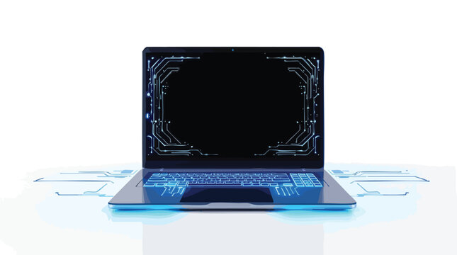 Open Laptop with Glowing Blue Circuitry on Screen and Keyboard on White Background Keywords.