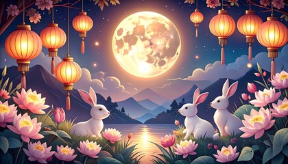 Mid-Autumn Festival with Rabbits and Lanterns