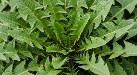 Close up of vibrant green dandelion leaves with water droplets