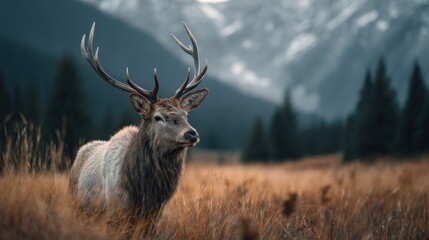 Majestic Elk Stands Proudly in Golden Meadow with Mountain Backdrop