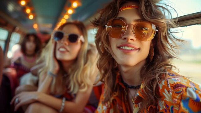 Young hippy band or group of friends in retro sunglasses, enjoying a road trip on a vintage bus