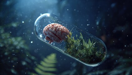 A brain inside a capsule, surrounded by plants in water