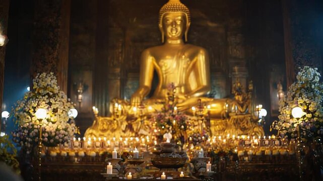 A Buddhist monk sits with back to the camera, facing a large golden Buddha statue surrounded by candles and flower offerings.