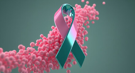 3D rendering of a pink and teal awareness ribbon with pink pills. Concept for thyroid or male breast cancer research and treatment.
