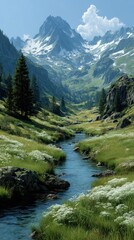 Majestic mountain landscape with lush greenery and a serene stream flowing through a tranquil valley