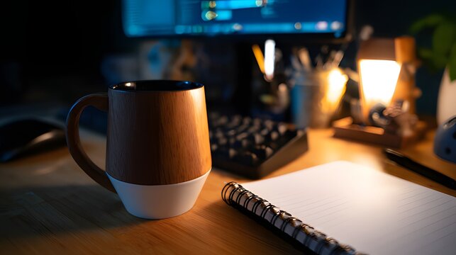 A developer's workstation with an empty notebook and coffee mug under soft desk lamp lighting.