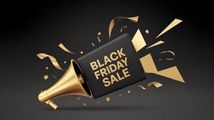 Golden megaphone announcing black friday sale with exploding confetti and geometric shapes on a dark background