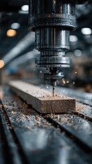 Woodworking machine cuts precise shapes in a workshop filled with wood shavings during a busy manufacturing day